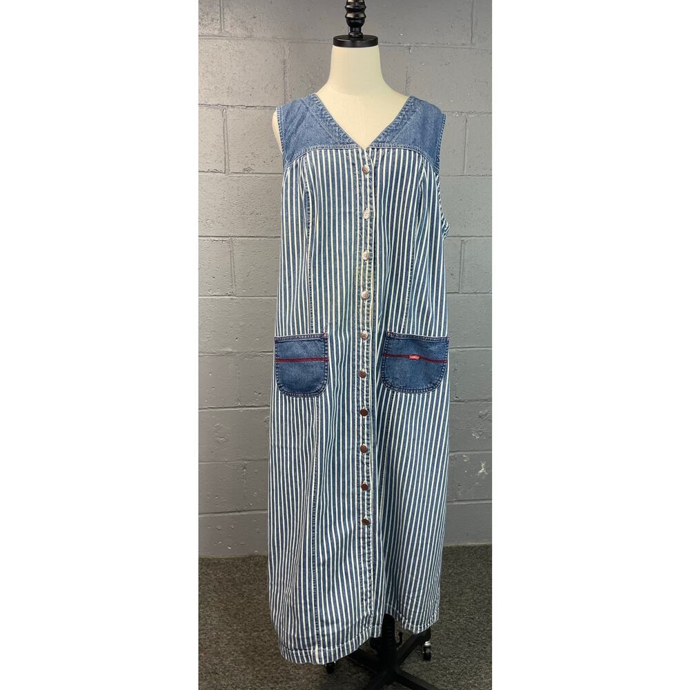 Vintage 1980s Pinstriped Denim Sleeveless Snap Front Maxi Dress Conductor SZ 10